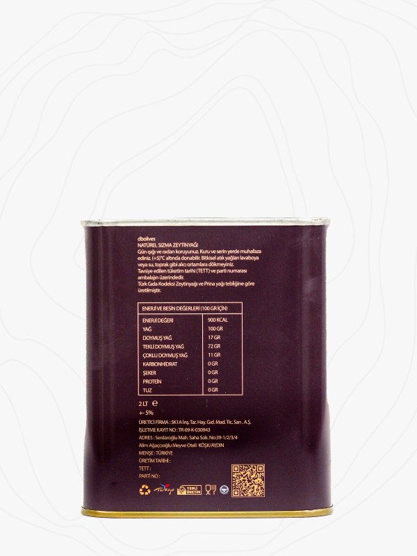 Organik Soğuk Sıkım Sızma Zeytinyağı – 2000 ML Teneke Kutu